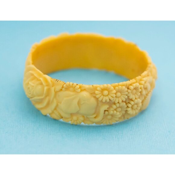 Vintage Yellow Rose Engraved Bangle 8 Inches N14 - Picture 2 of 4